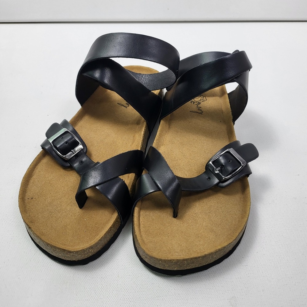 Love Rose Sandals womens size 10 black Ankle Strap Buckle soft Cork Footbed Shoe